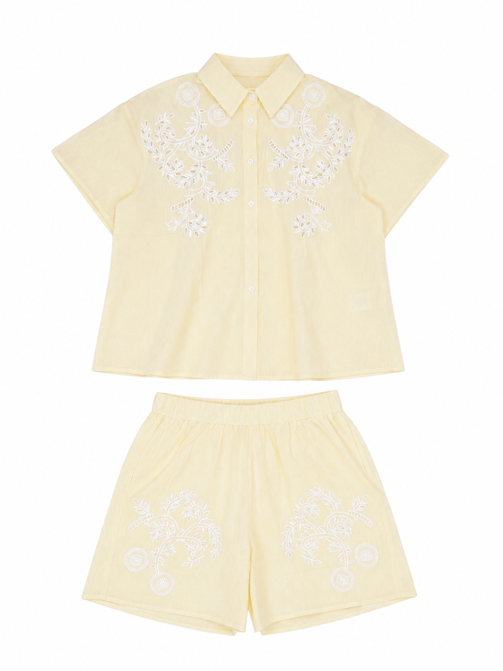 Set camicia e shorts righe e ricami