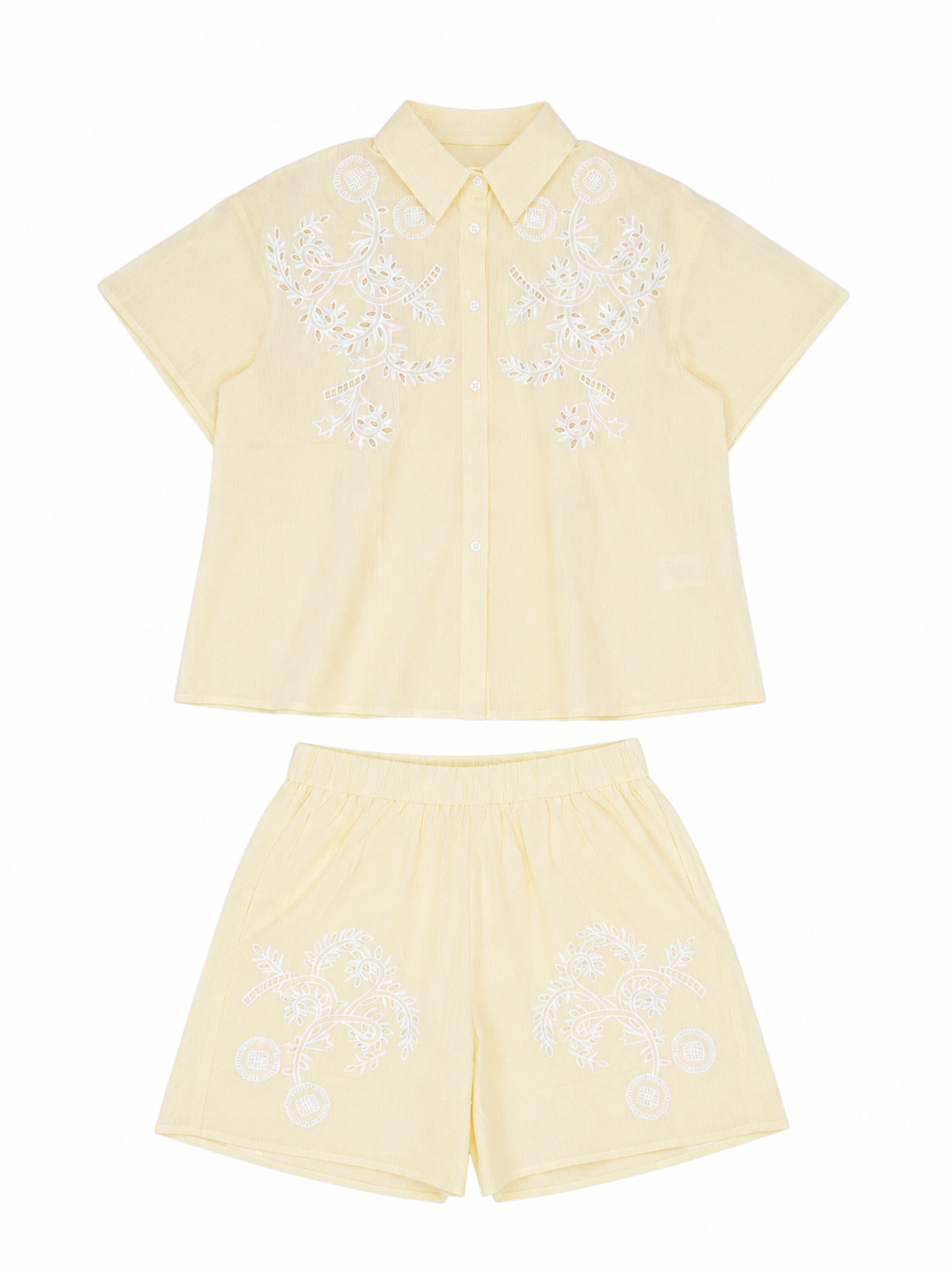 Set camicia e shorts righe e ricami