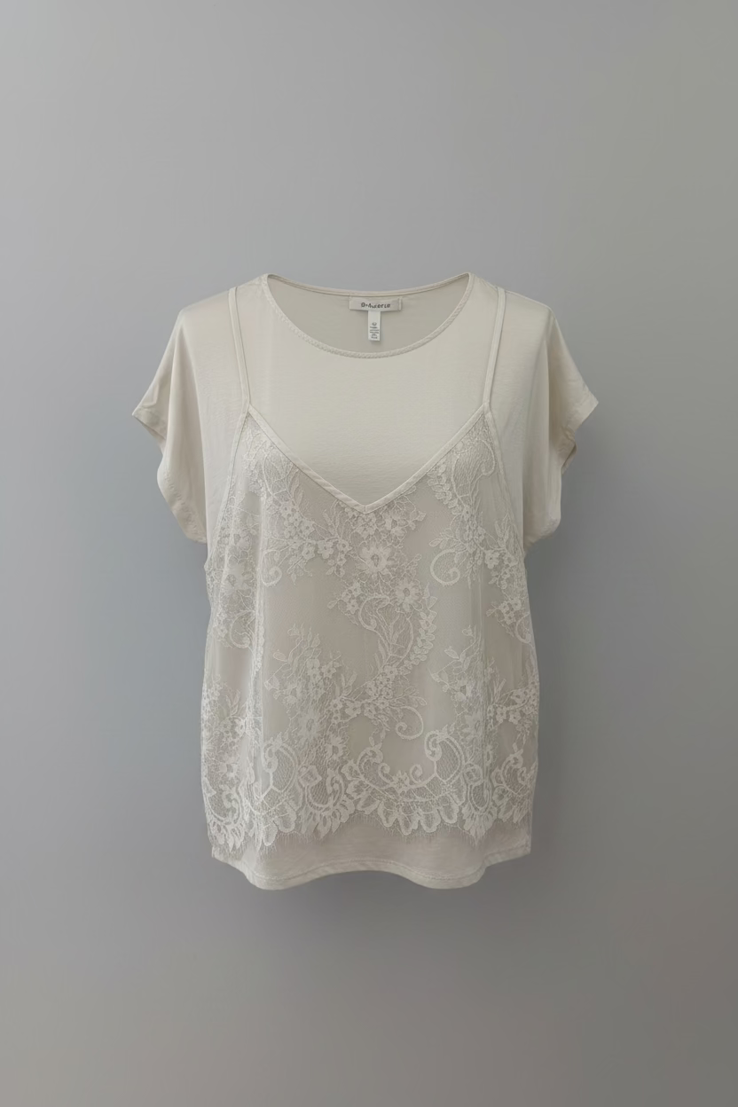 Maglia t-shirt pizzo beige sabbia